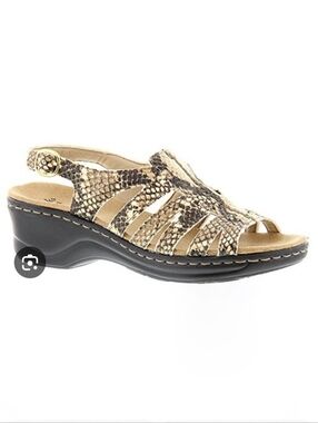 Clarks Lexi Marigold Q Black Cream Snake Print Leather Wedge Sandal W 8